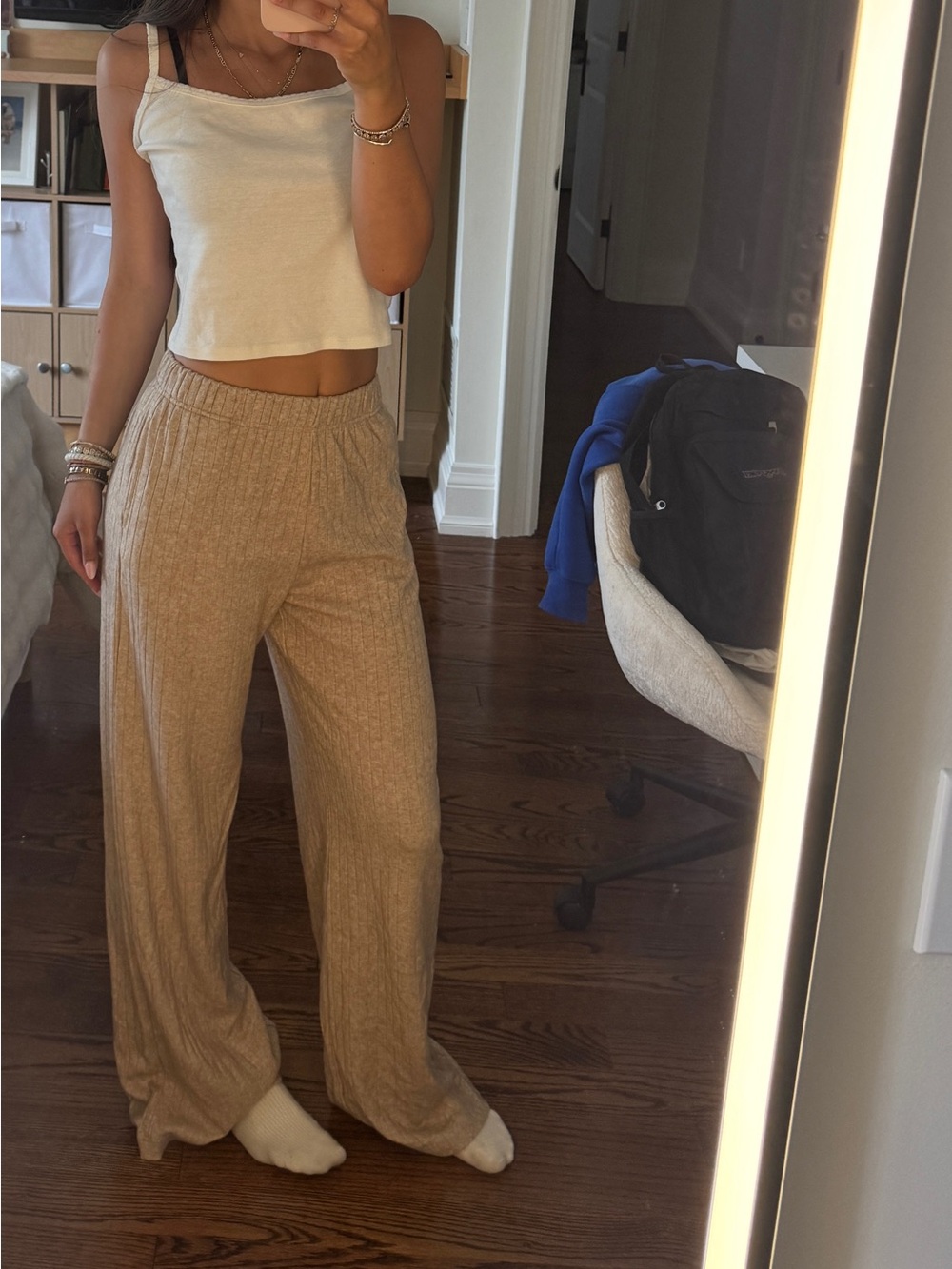 White Fox Boutique Ribbed Wide-Leg Pants in Tan